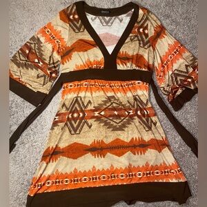 Janette Women’s Medium Boho Southwestern Aztec Print Dress V-Neck Tie Waist Top